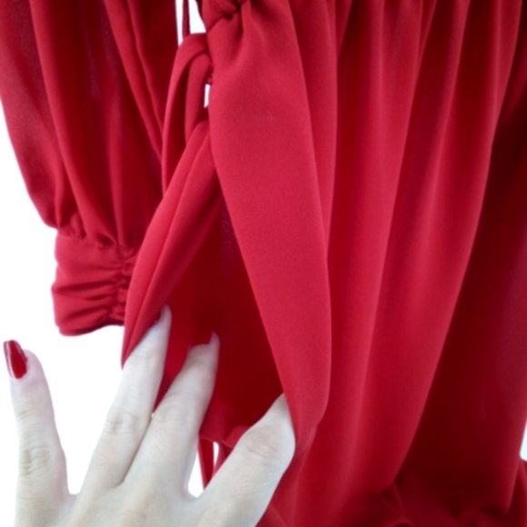 Vintage Ms. Chaus Red Dress 100% Polyester Hidden Buttons Pockets Sheer 10 - Picture 6 of 12
